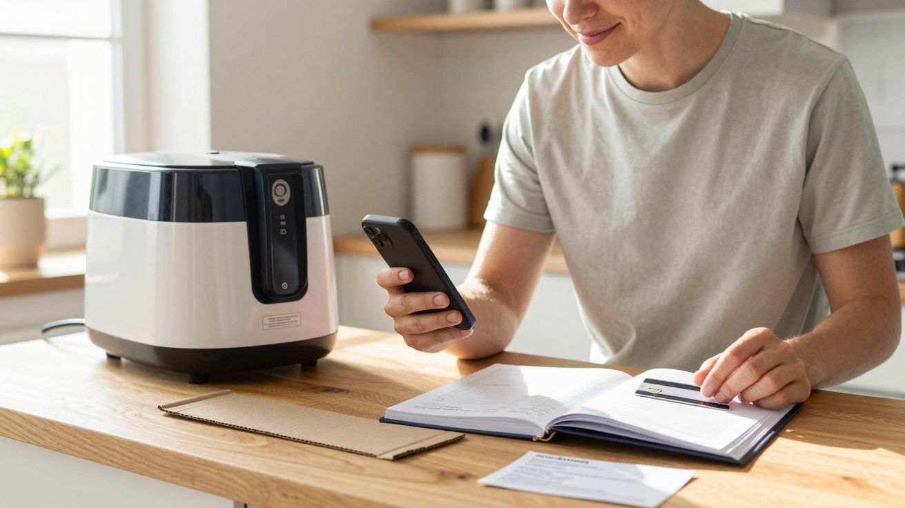 Person using a smartphone while reading a book at a kitchen counter with an air fryer nearby.