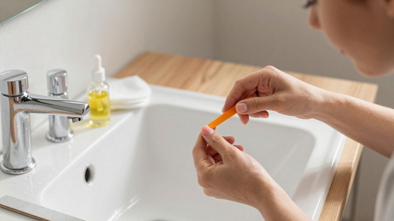 Person filing nails with orange emery board beside a bathroom sink with soap and lotion.