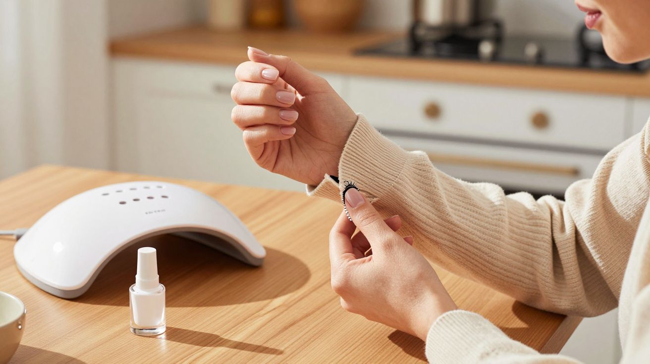 Person applying nail polish with a UV lamp and white bottle on a wooden table in a kitchen setting.