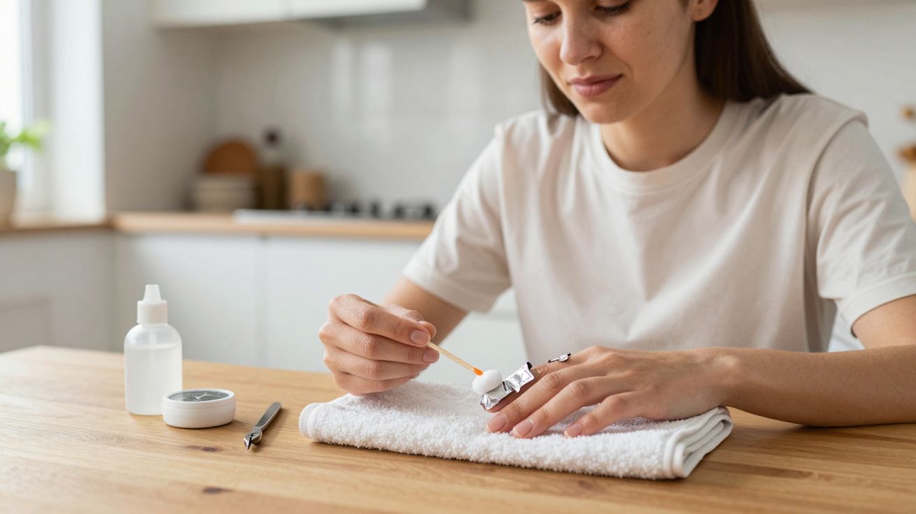 A woman in a white shirt does her nails using a nail buffer and polish, seated at a wooden table in a kitchen.