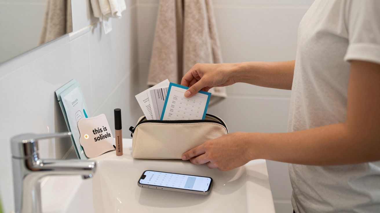 Person organising skincare items into a pouch on a bathroom sink beside a smartphone and cosmetics.