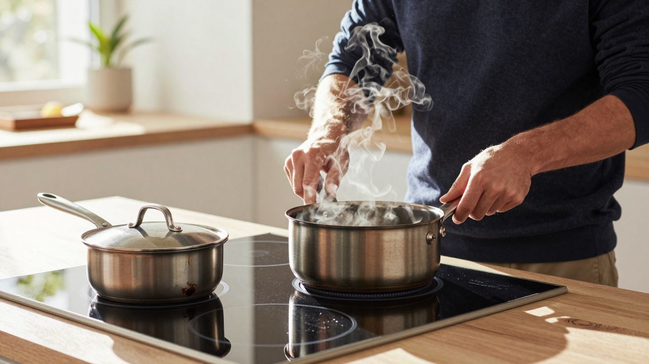 Person stirring a steaming pot on a hob in a bright kitchen.