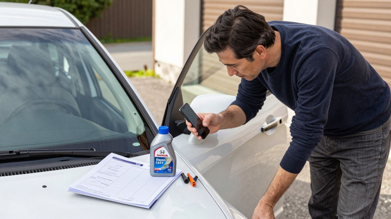 Man photographing car documents and oil bottle on bonnet with smartphone.