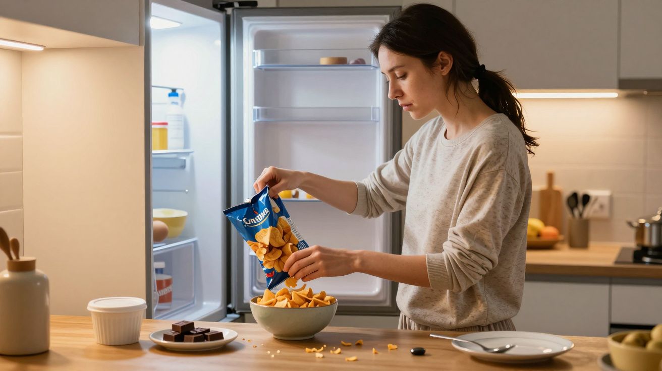 Woman pouring crisps into a bowl at a kitchen counter with an open fridge in the background.