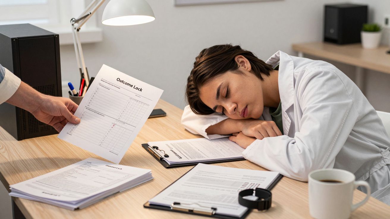 Person in a lab coat asleep at a desk, surrounded by papers and a cup of coffee, with a hand holding a document nearby.