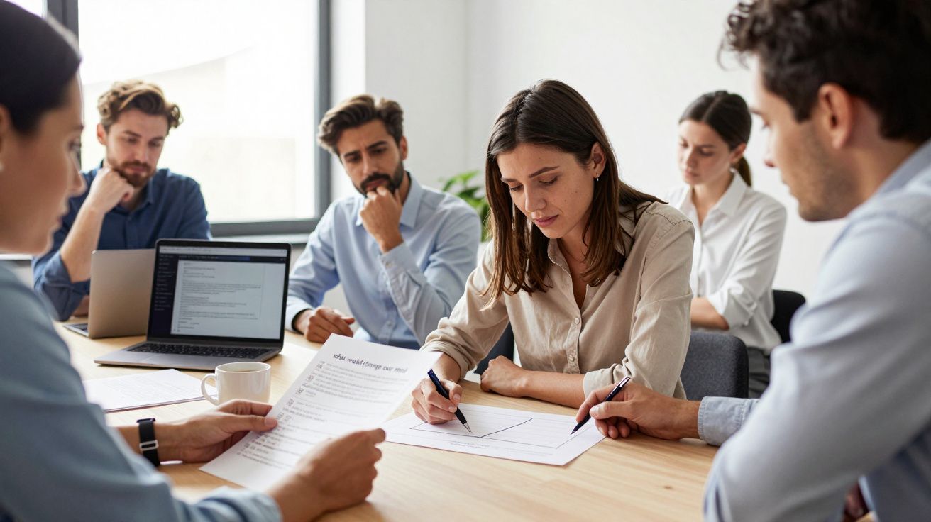 A group of five people sitting around a table, focused on documents and a laptop during a meeting.
