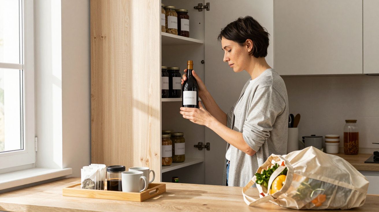 Woman in grey cardigan examines a wine bottle in a kitchen with a wooden countertop and shopping bag.