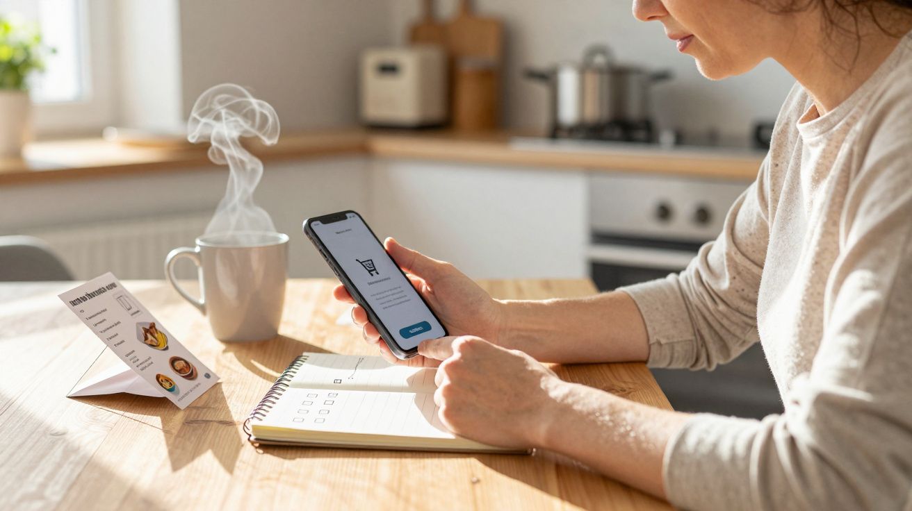 Woman using smartphone at table with notepad and coffee mug in kitchen.