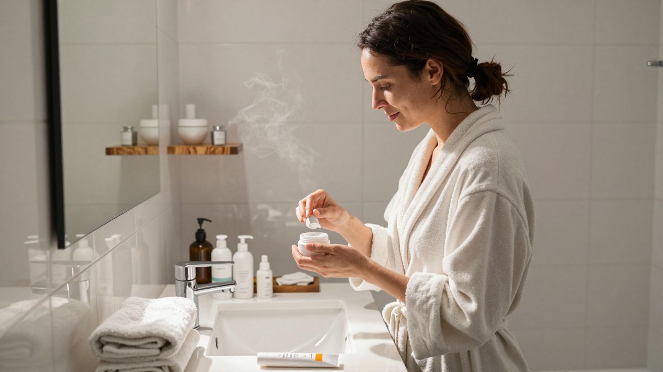 Woman in bathrobe applying face cream in a bright bathroom.