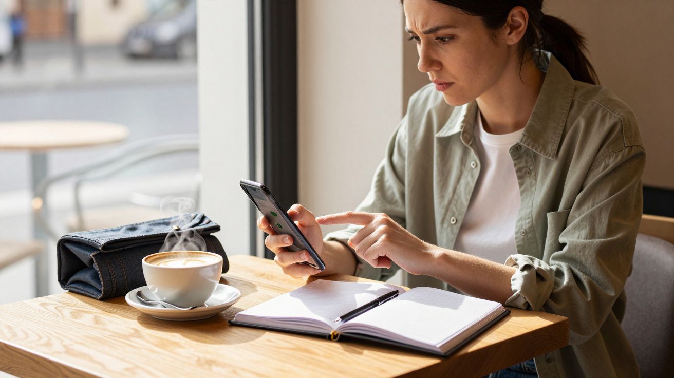 Woman in a café, using a smartphone with an open notebook and a steaming cup of coffee on the table.