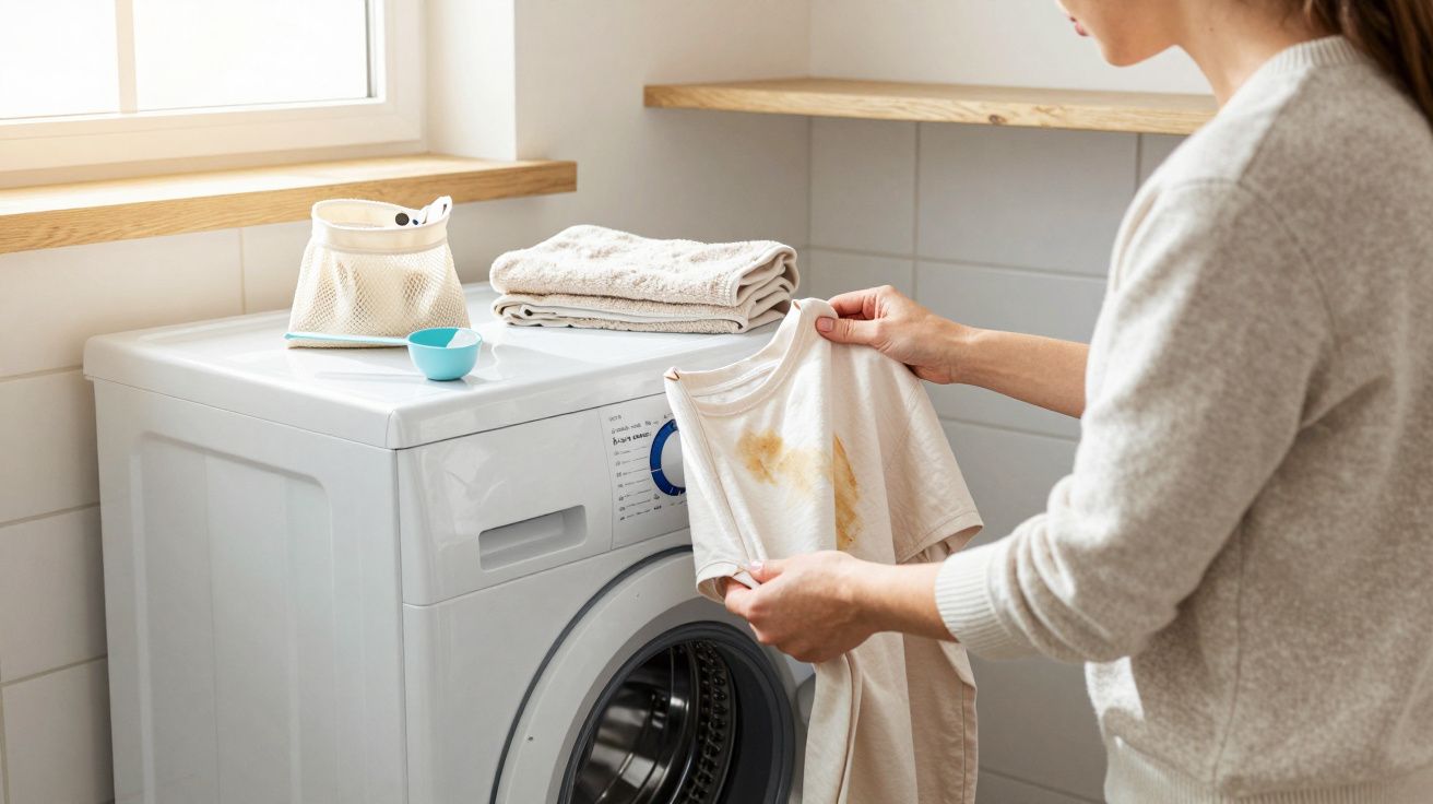 Person inspecting stained t-shirt by a washing machine, with detergent and towels on top.