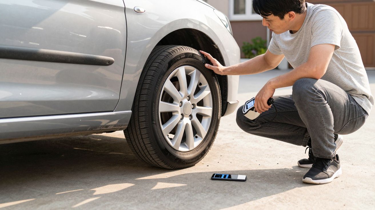 Man crouched by silver car, checking tyre pressure with gauge, smartphone on pavement nearby.