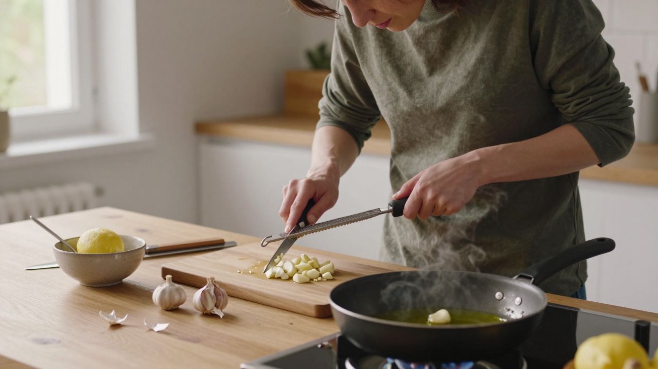 Person chopping garlic in a kitchen, steaming pan on the hob, with lemons and garlic on the countertop.