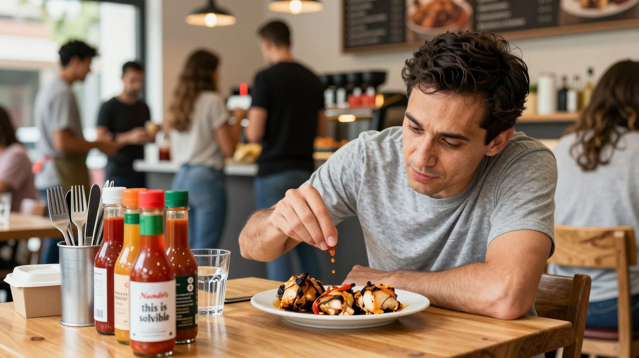 Man in grey T-shirt adds sauce to food at a restaurant table with condiment bottles, other diners in background.