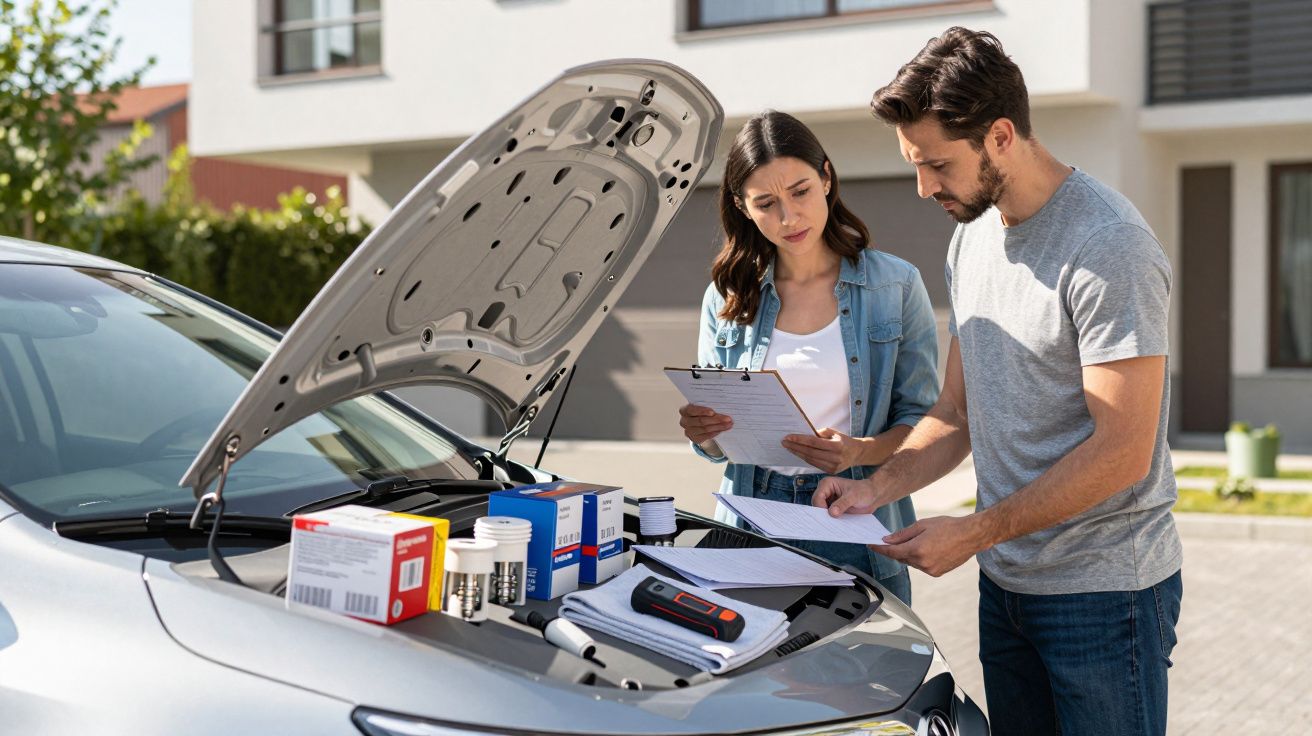 Two people standing by a car with its bonnet open, reviewing documents and car maintenance supplies on the engine.