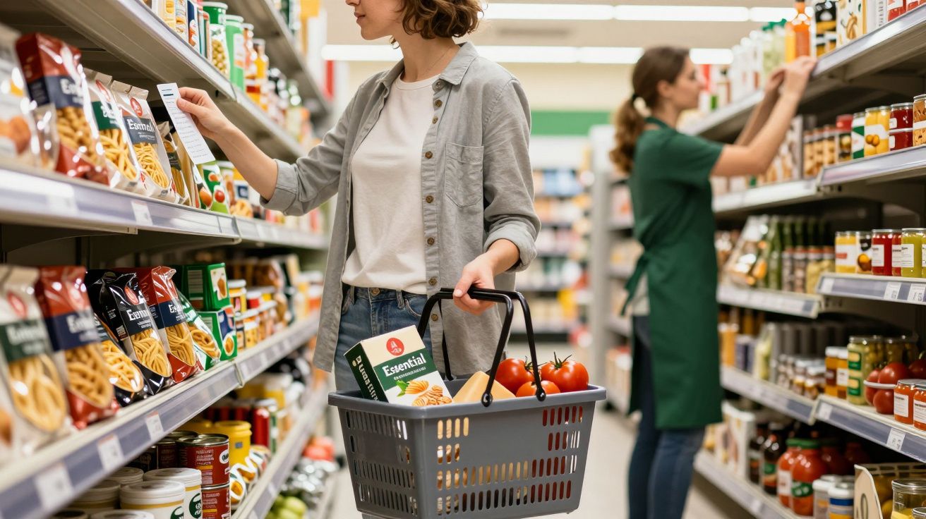 Woman shopping in supermarket aisle holding basket with groceries while reading a list; another woman stocking shelves.
