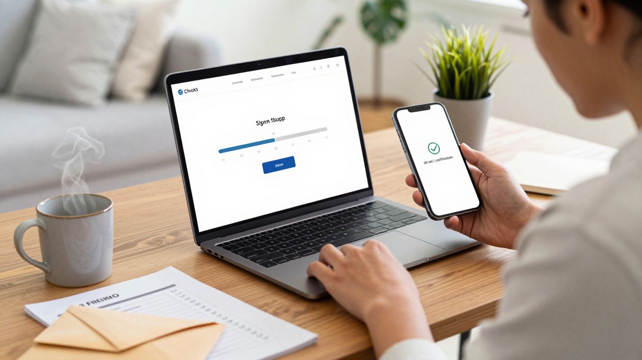 Person using a laptop and smartphone on a table, with a coffee cup and notebook nearby.