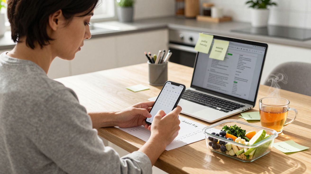 Woman checking phone at kitchen table with laptop, salad, and tea.