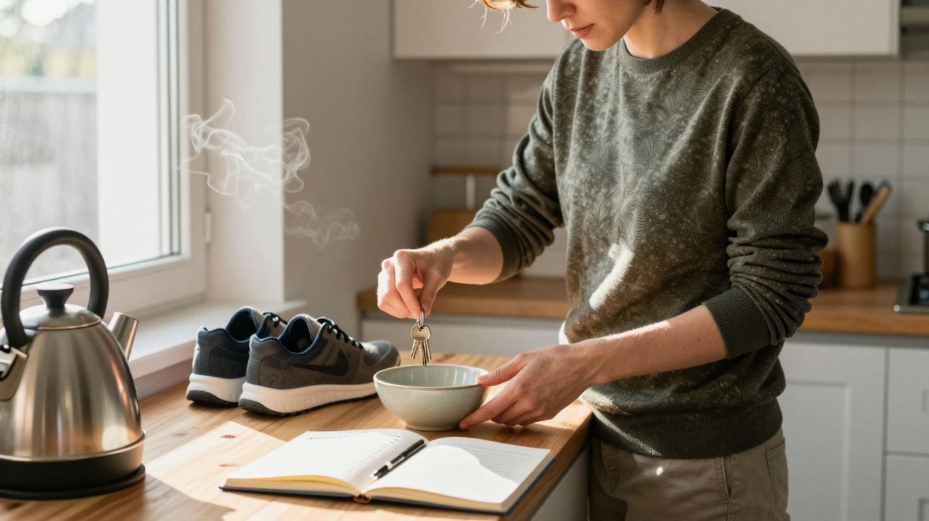 Person stirring a bowl in kitchen, with a kettle, shoes, and open book on the countertop, steam rising nearby.