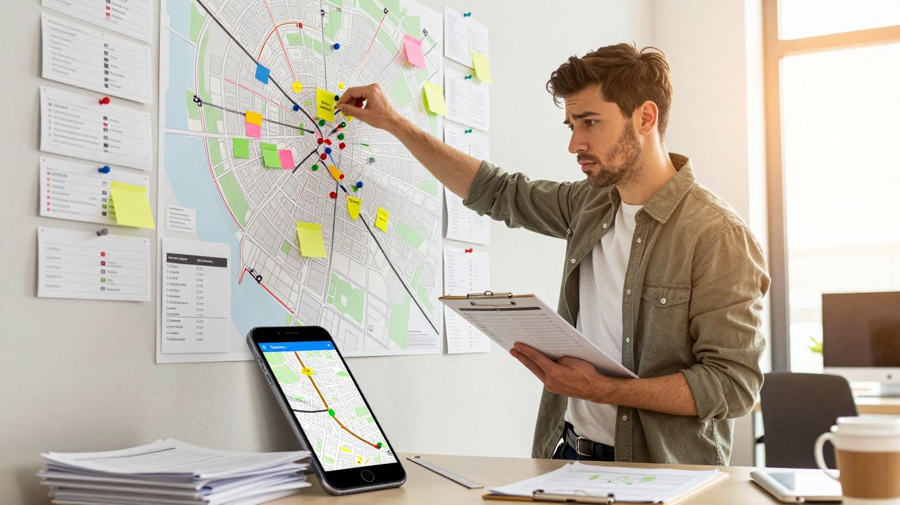 Man planning on a map with notes and a tablet, holding a clipboard, in a well-lit office setting.