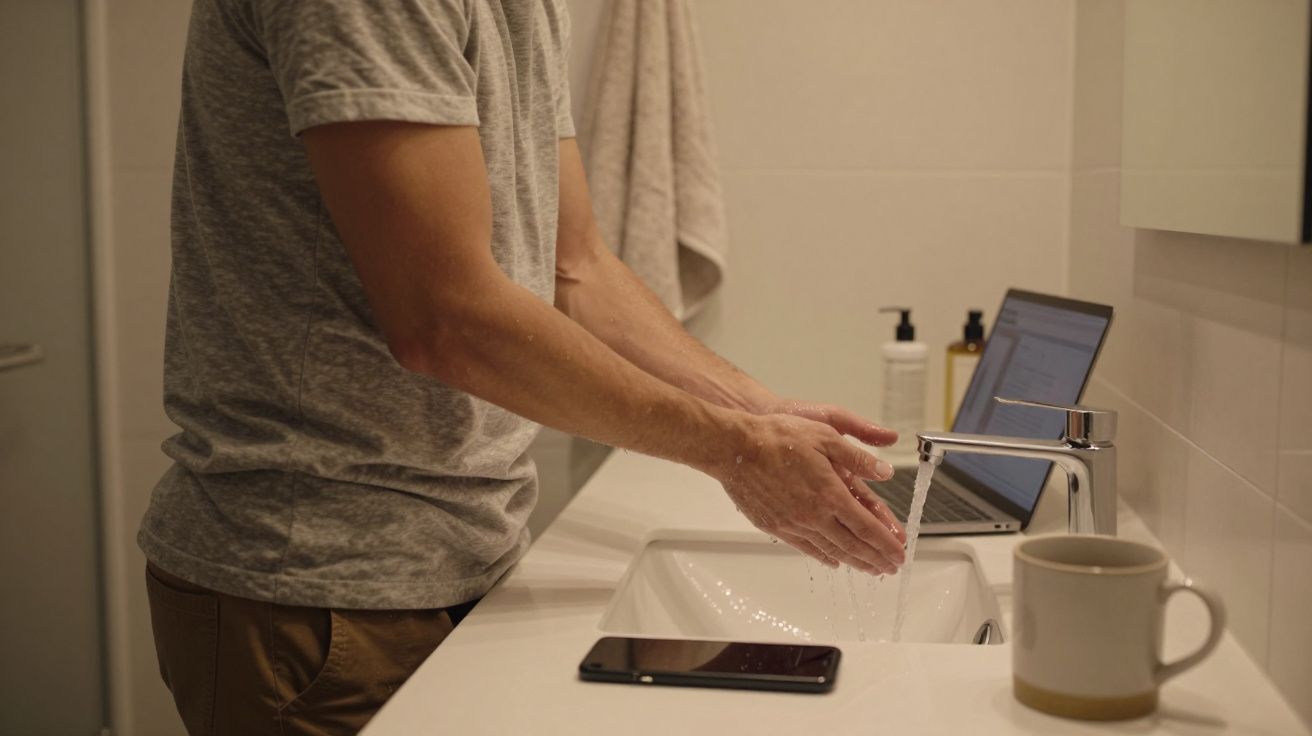 Man washing hands at bathroom sink with laptop and mug on counter.