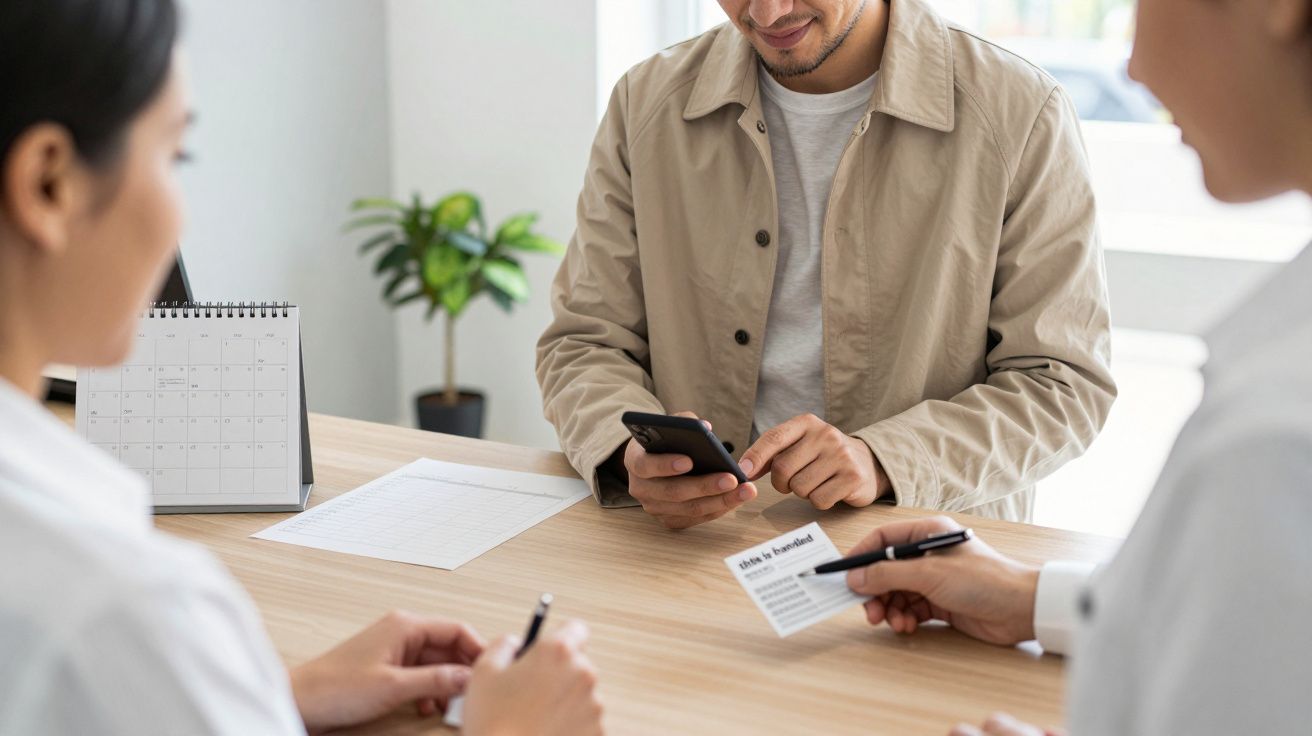 Person using a smartphone at a desk, while two others hold a paper and pen, next to a calendar and plant.