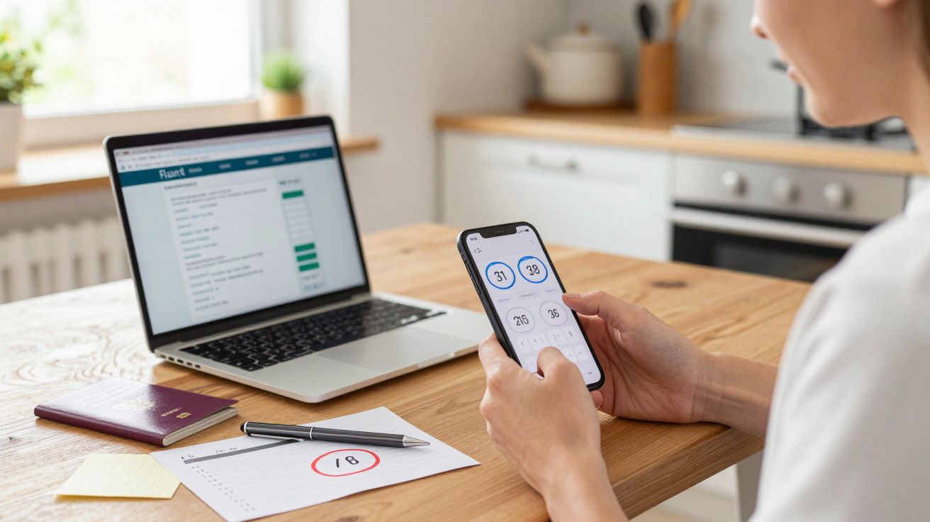 Person using a smartphone with fitness app next to a laptop on a kitchen table, with a passport and notepad nearby.