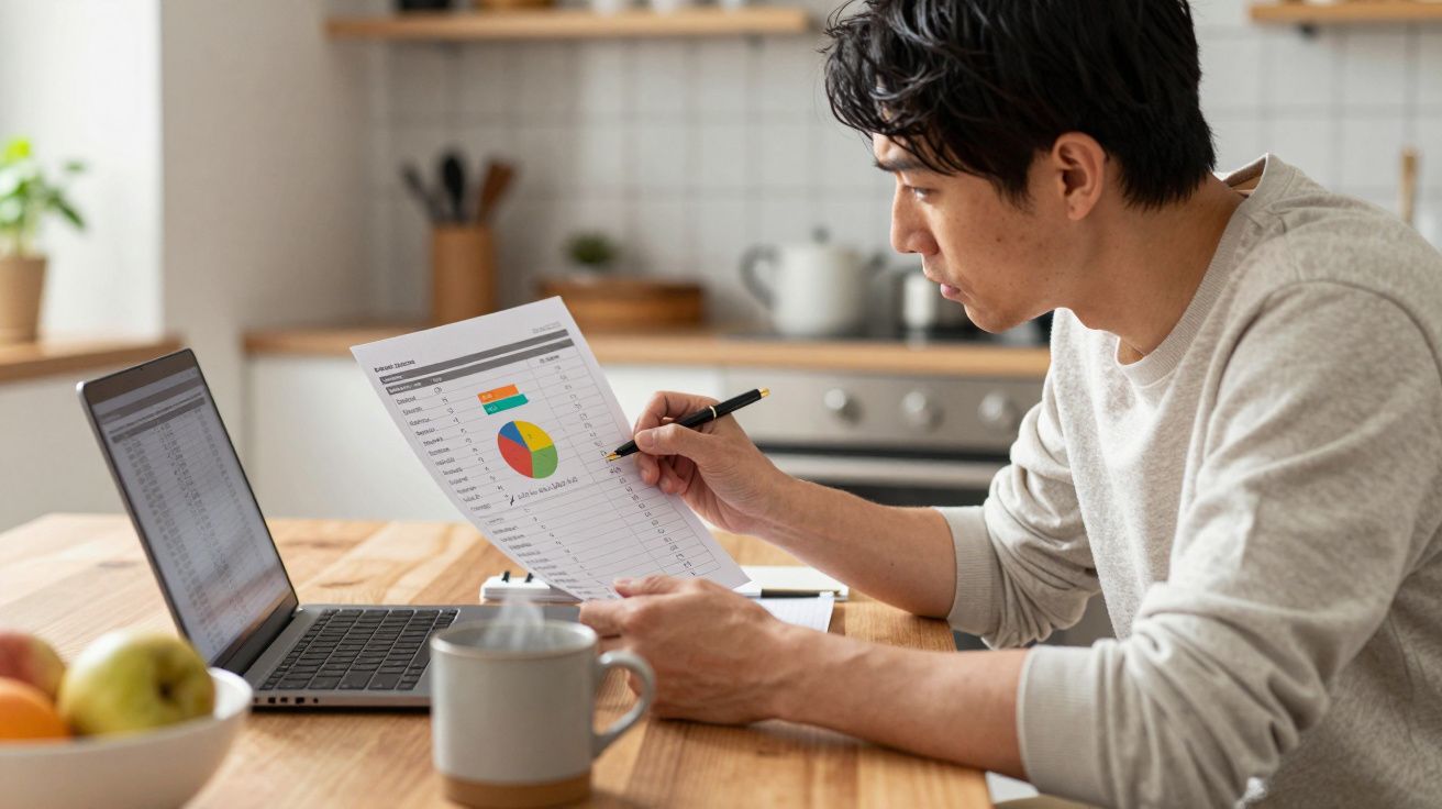 Man at kitchen table reviewing chart on paper with laptop, pen in hand, and fruit bowl and mug nearby.