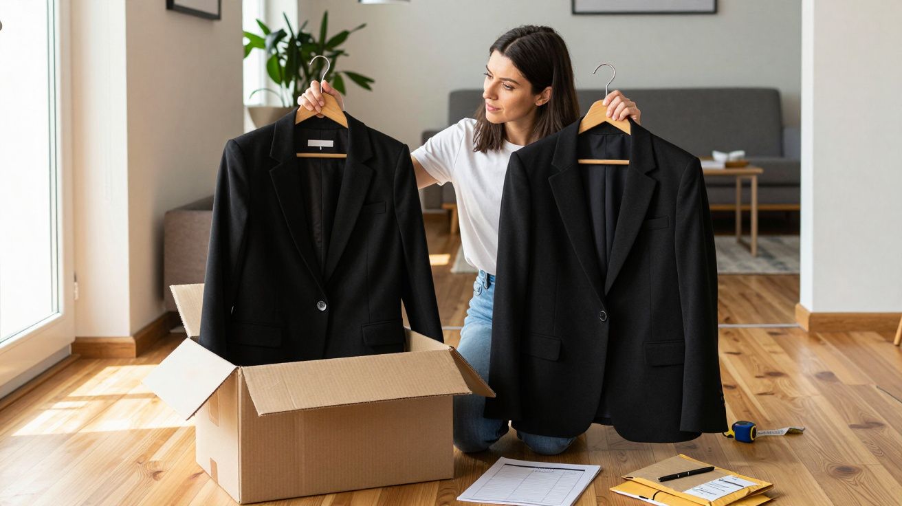 Woman in living room comparing two black blazers from a cardboard box.