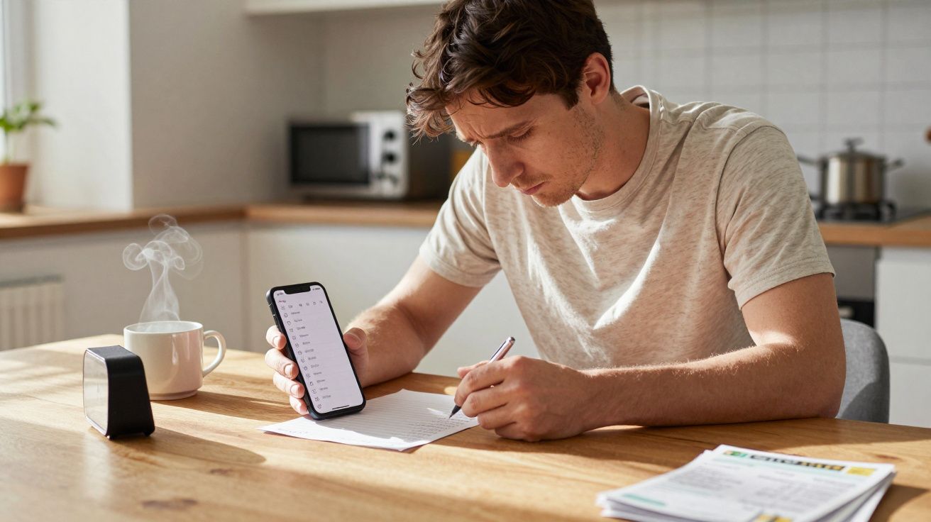 Man in kitchen analysing a paper with a smartphone, next to a steaming mug, toaster, and documents on table.