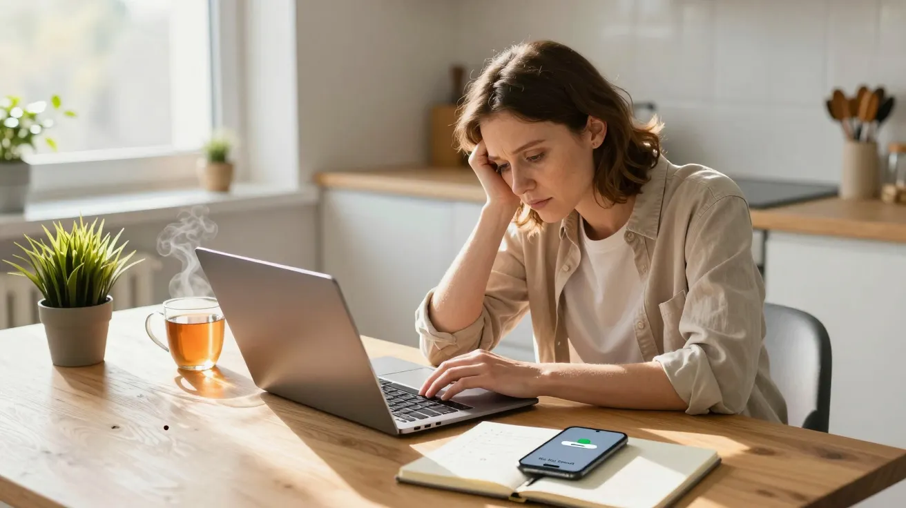 Woman working on a laptop at a kitchen table, looking thoughtful, with tea and phone nearby.