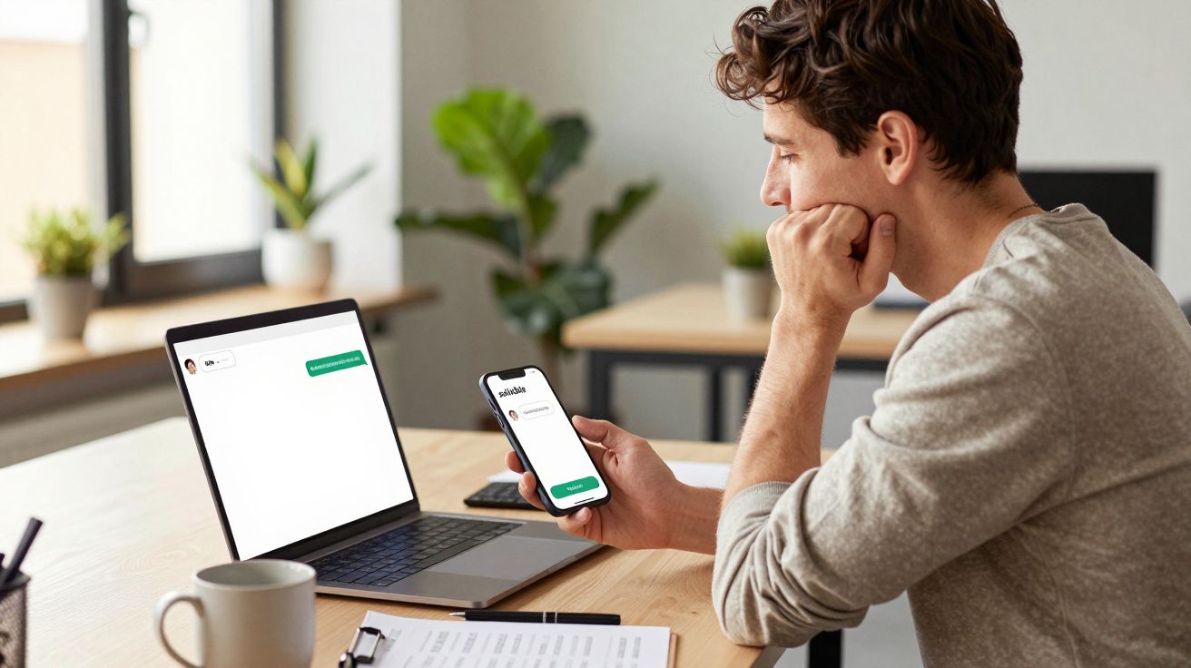Man sitting at desk, looking at phone, with a laptop showing messaging app in a modern office setting.