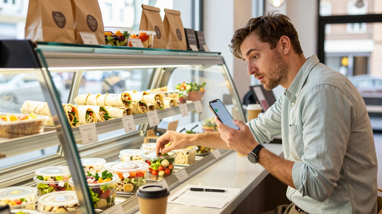 A man using a smartphone while selecting food at a deli counter with wraps and salad bowls, a coffee cup nearby.
