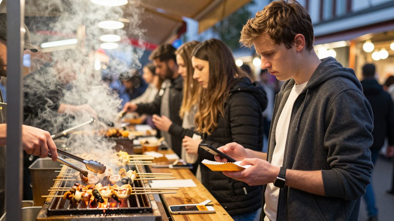 People choosing grilled skewers at an outdoor food market, with smoke rising from the grill.