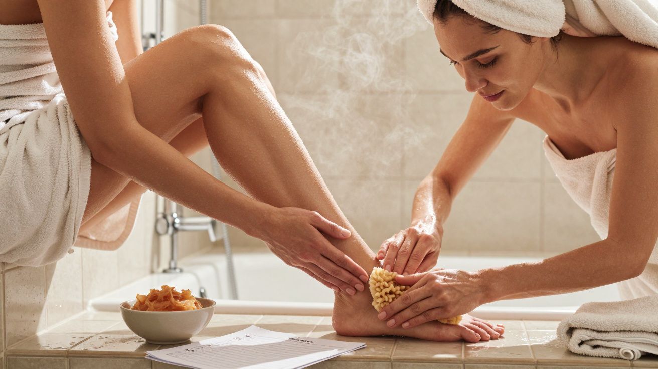 Woman in towel exfoliating legs in a steamy bathroom, with snacks and papers nearby.