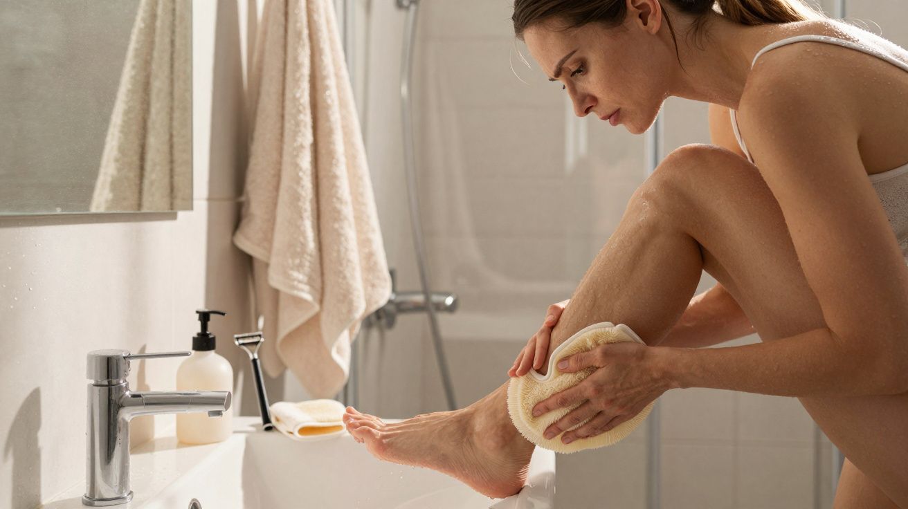 Woman in bathroom exfoliating leg with a sponge beside a sink.