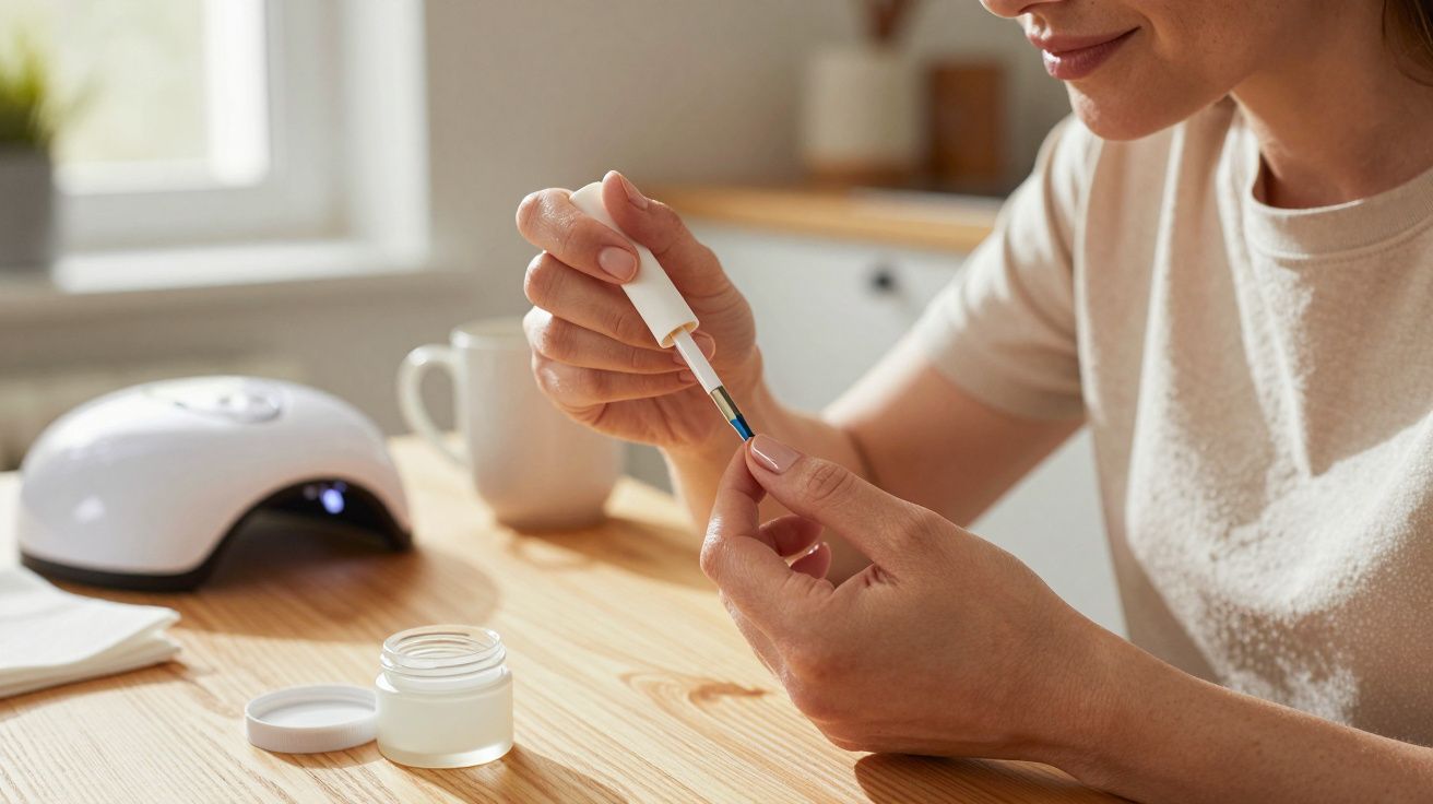Woman applying nail polish at home with a UV lamp and jar on a wooden table.