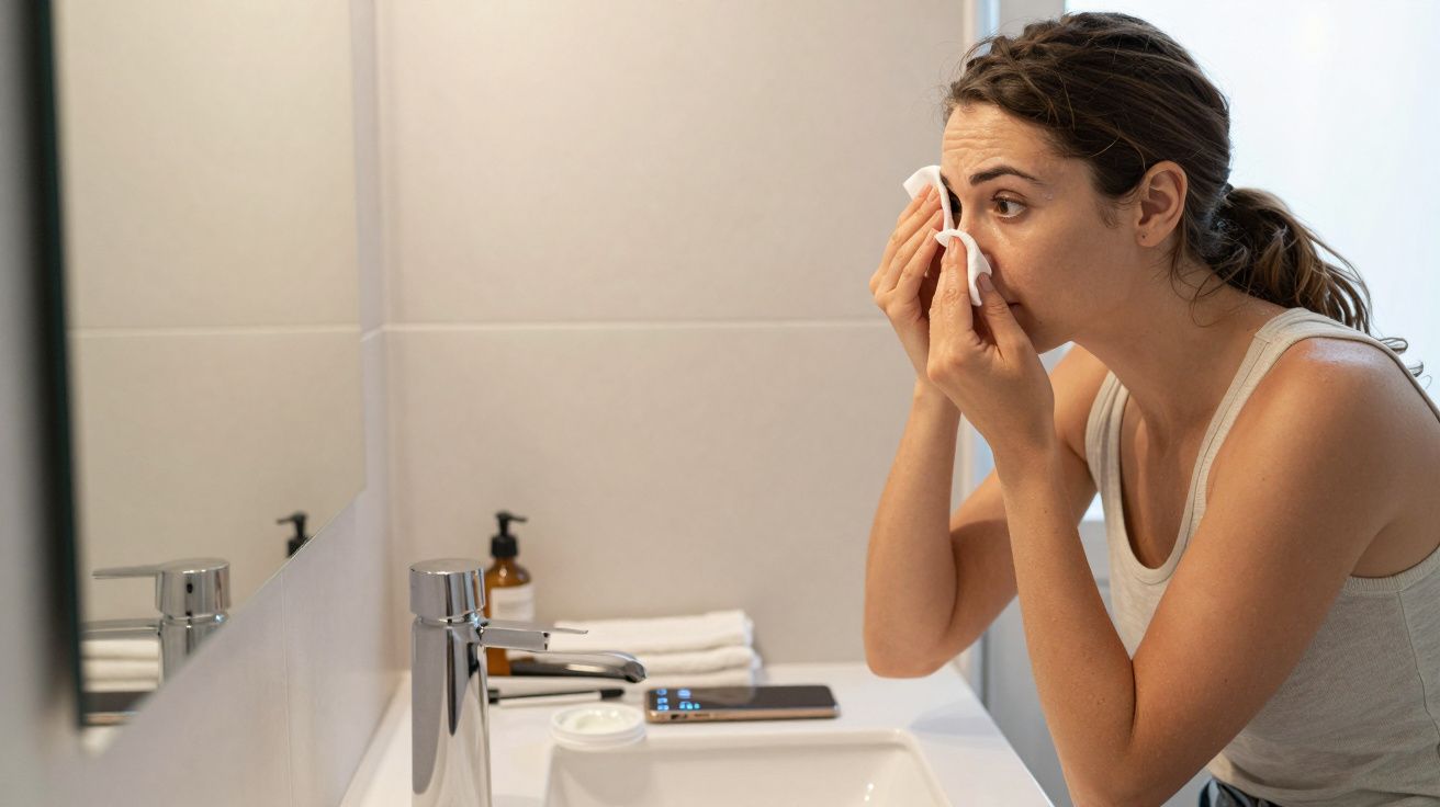 Woman cleaning her face with a cotton pad in bathroom, standing near a sink and mirror, wearing a sleeveless top.