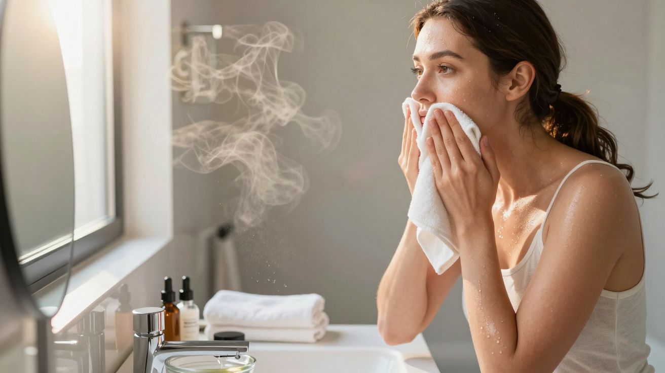 Woman in white tank top steaming face with hot towel in bathroom, skincare products on sink.