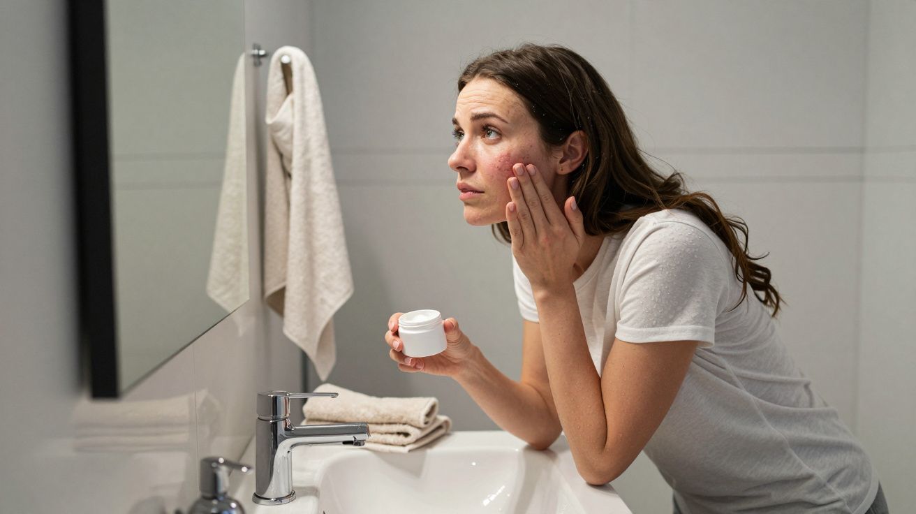 Woman applying face cream, looking in bathroom mirror.