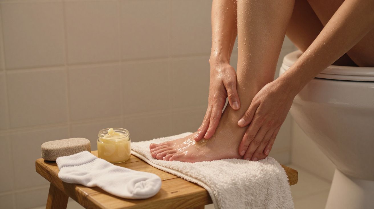 Person exfoliating leg with scrub, seated on toilet, with foot care items on stool.