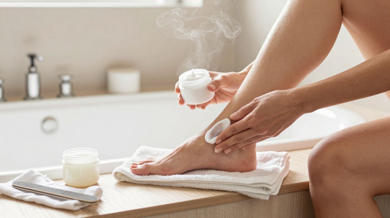Person applying cream to their leg while sitting on a towel in a bathroom next to a bathtub.