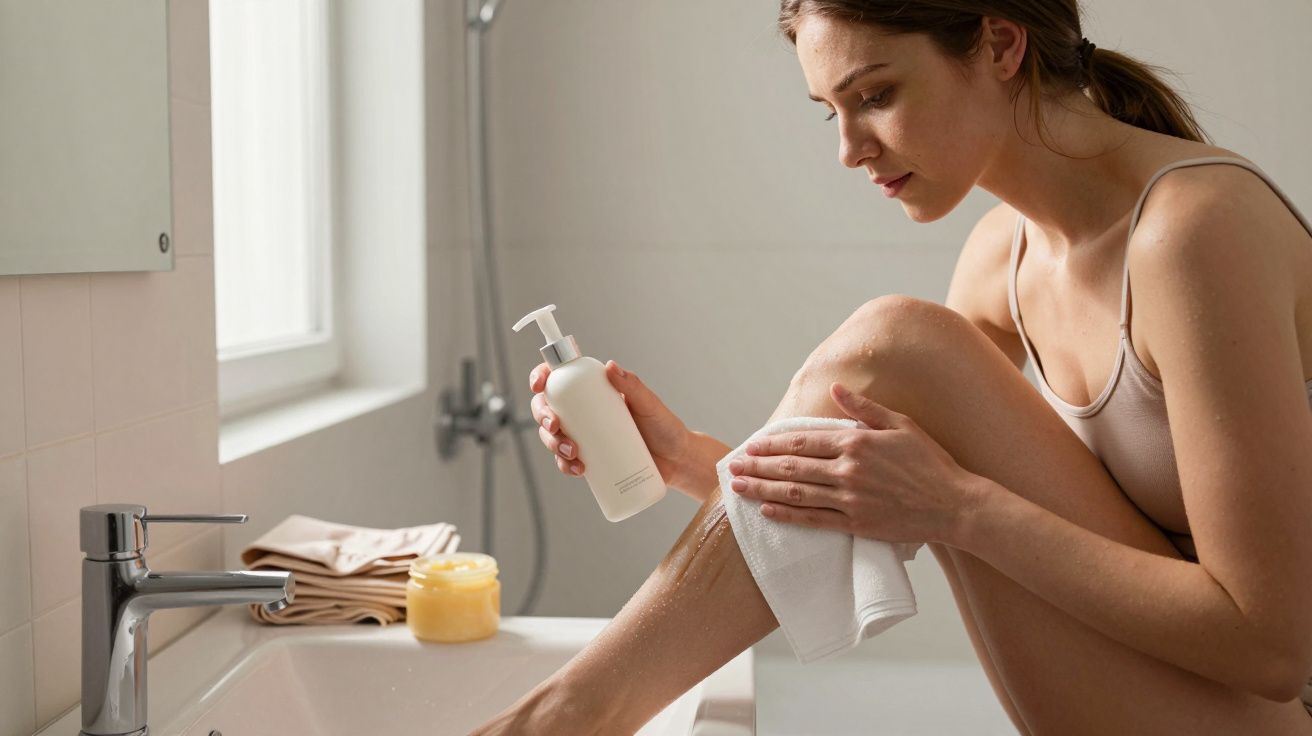Woman sitting on bathtub edge applying lotion to her leg, holding a white bottle, with a small towel nearby.