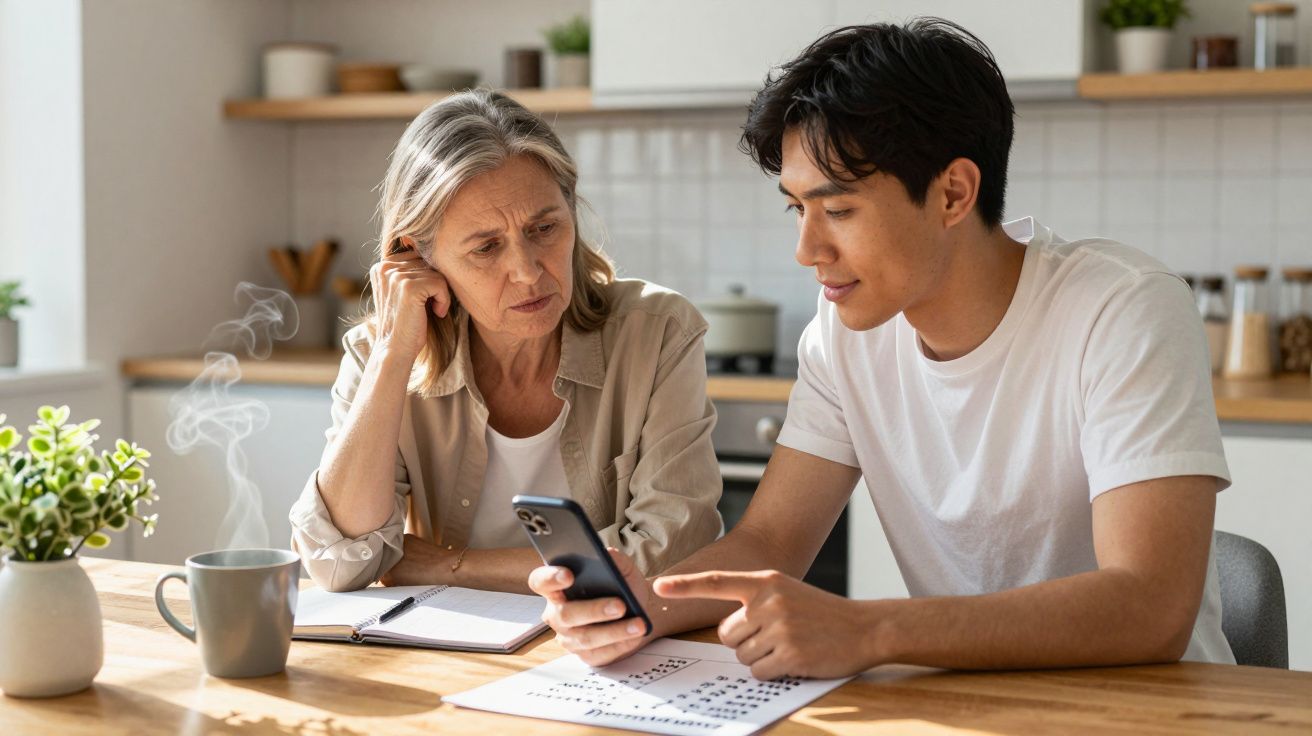 A young man showing an older woman something on a smartphone at a kitchen table with coffee and notes.