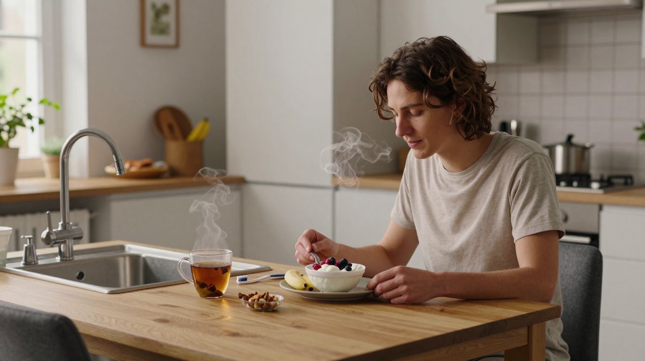 Person enjoying breakfast with fruit, nuts, and a steaming cup of tea at a wooden kitchen table.