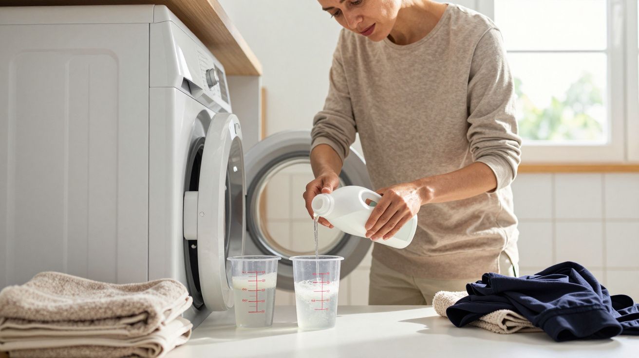 Person pouring detergent into measuring cups near an open washing machine, with towels and laundry nearby.