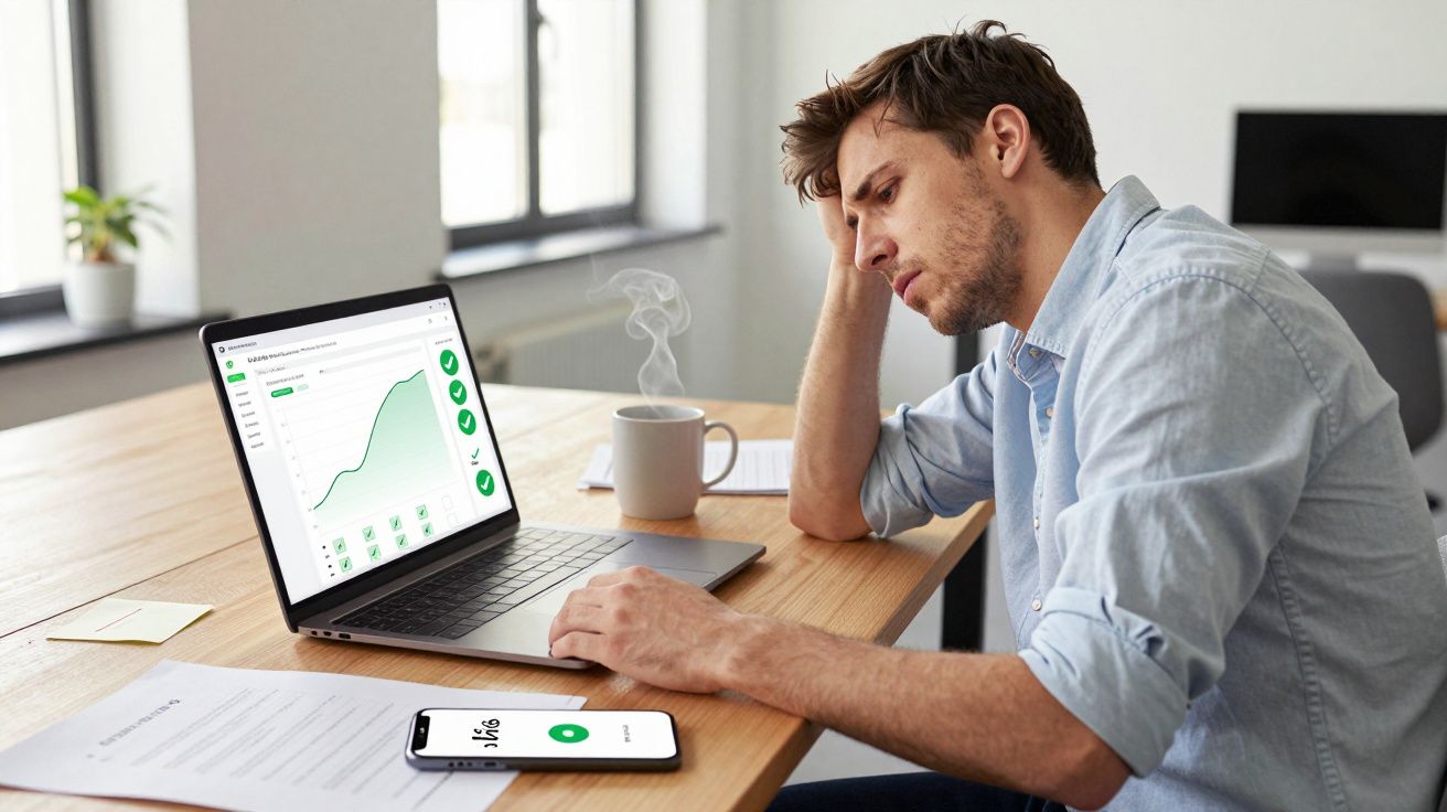 Man at desk, looking stressed at laptop showing a graph, with a smartphone and coffee cup beside him.