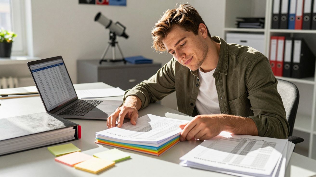 Man studying documents in an office with a laptop and colourful files, sitting at a white desk.