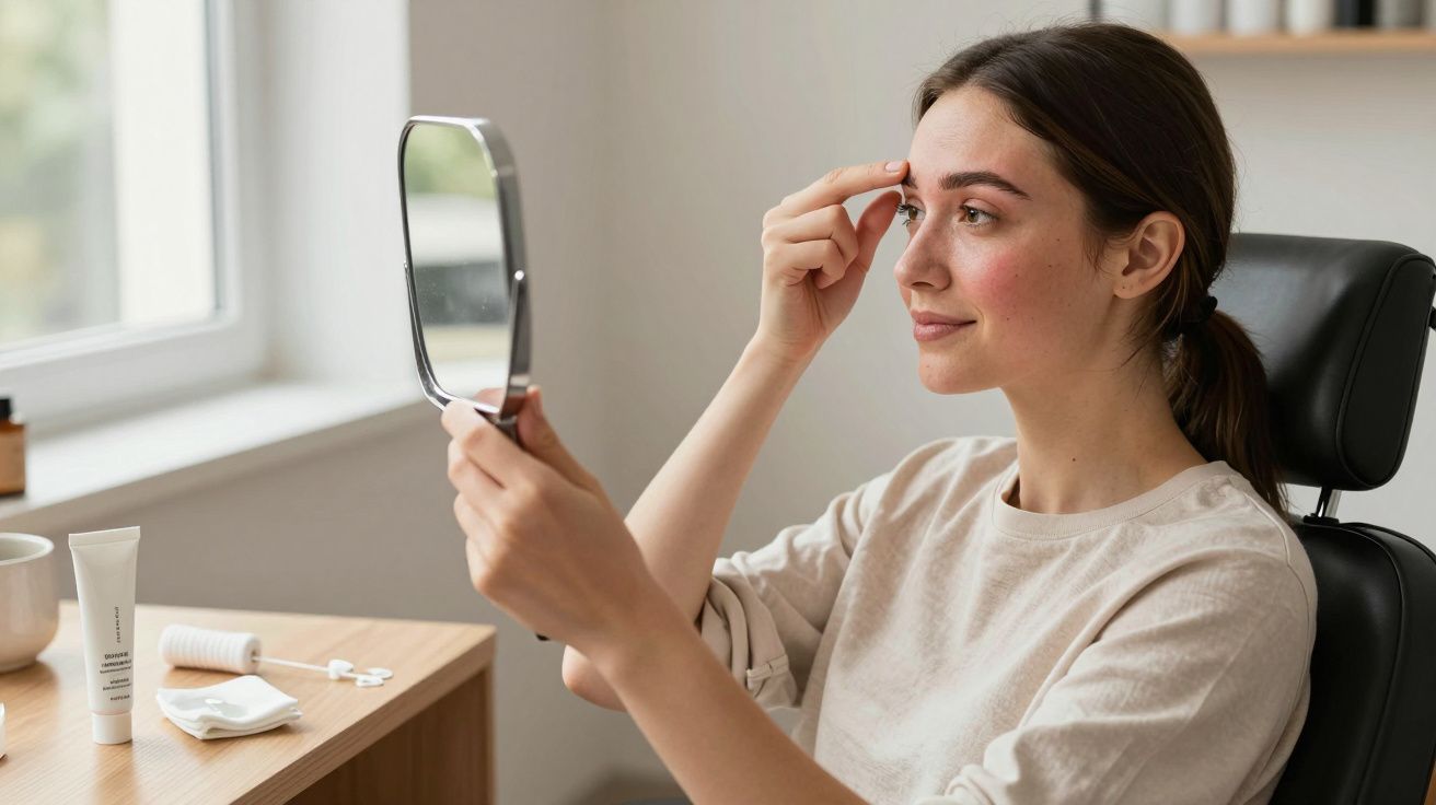 Woman examines her face with a handheld mirror at a desk with skincare products.
