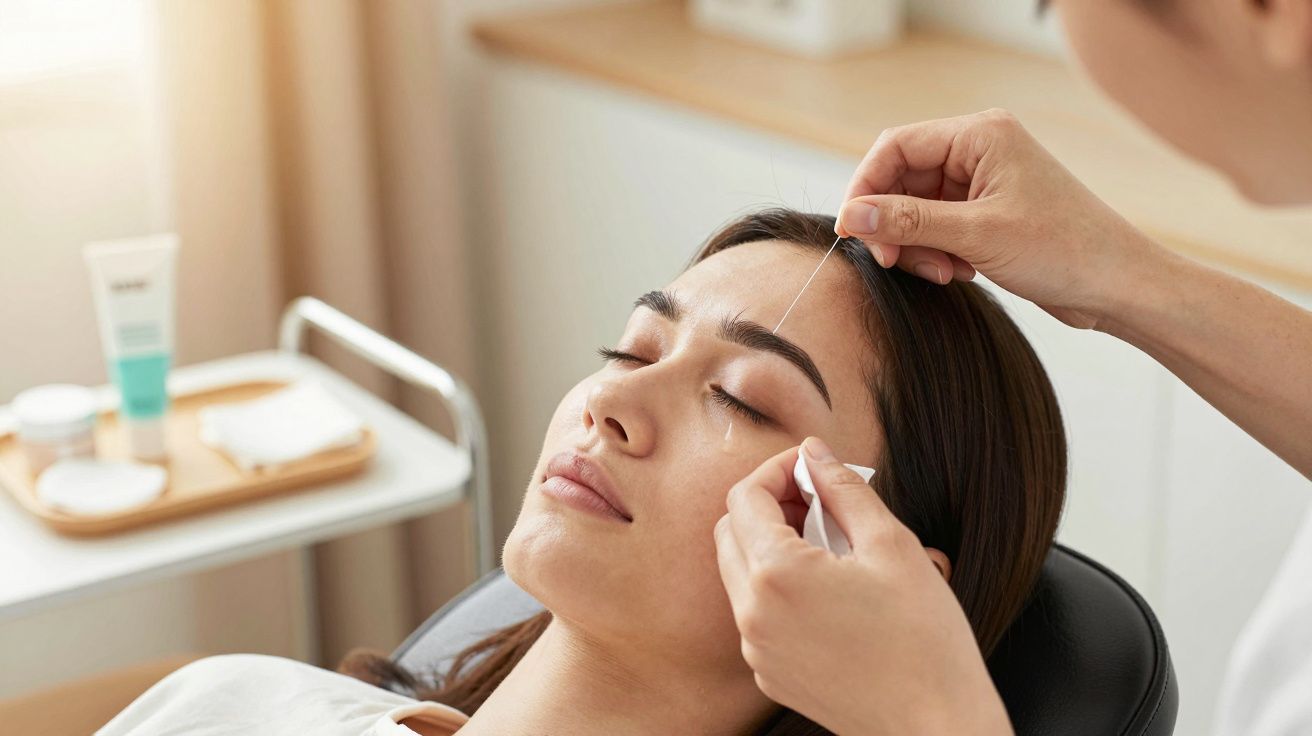 Person receiving eyebrow threading treatment while reclining in a beauty salon chair.